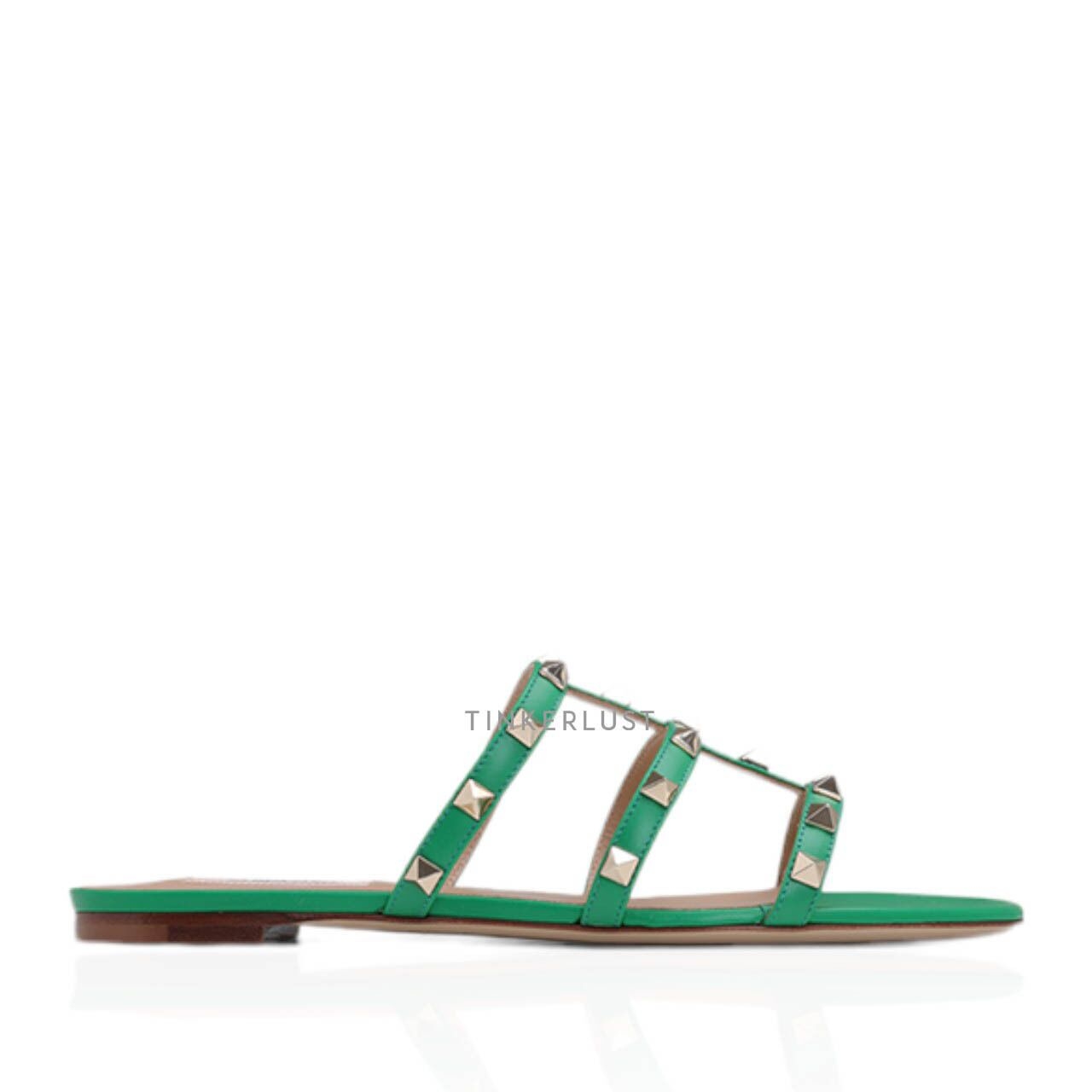 Valentino Rockstud Strappy Slides in Green Sandals