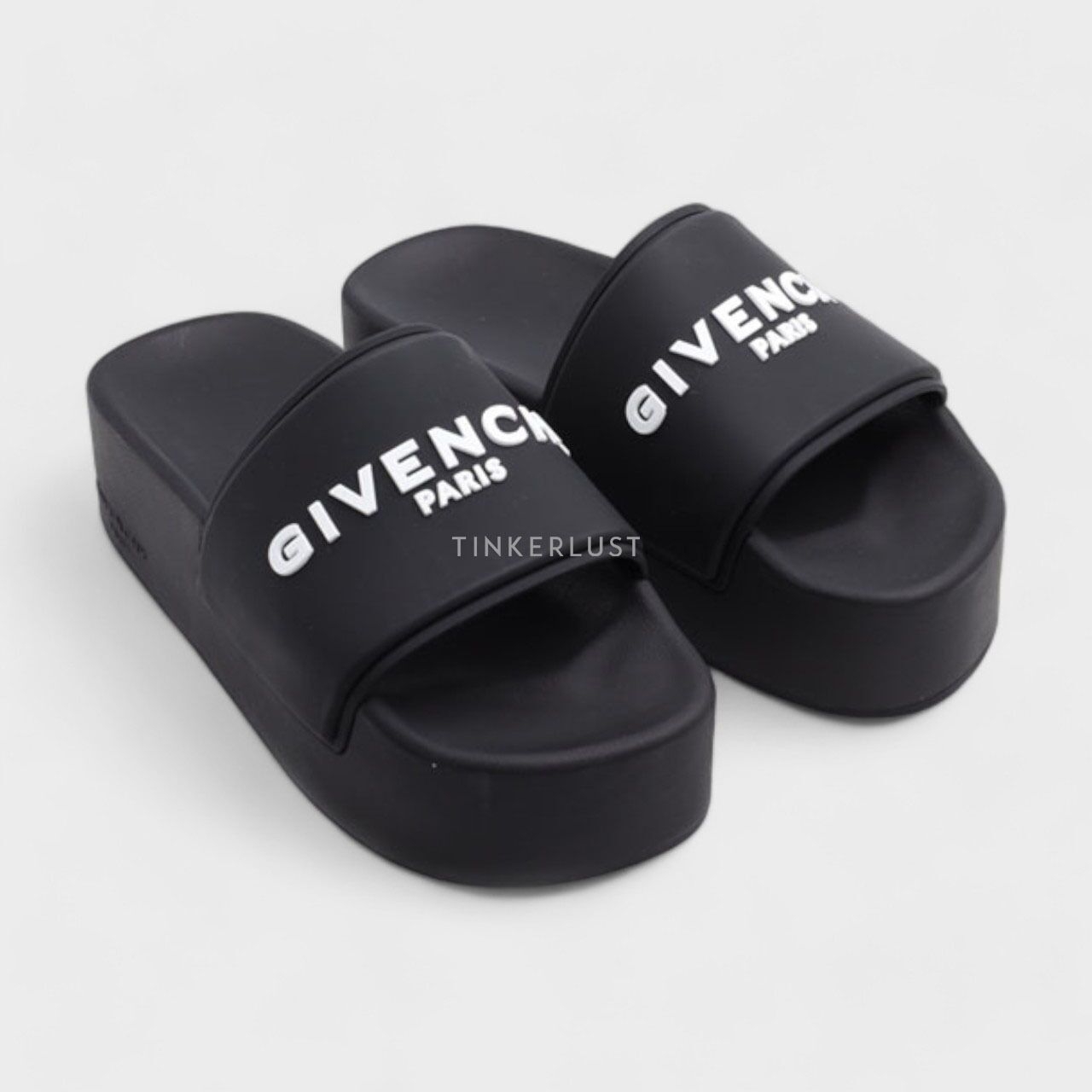 Givency Women Logo Platform Slides in Black Rubber Sandals