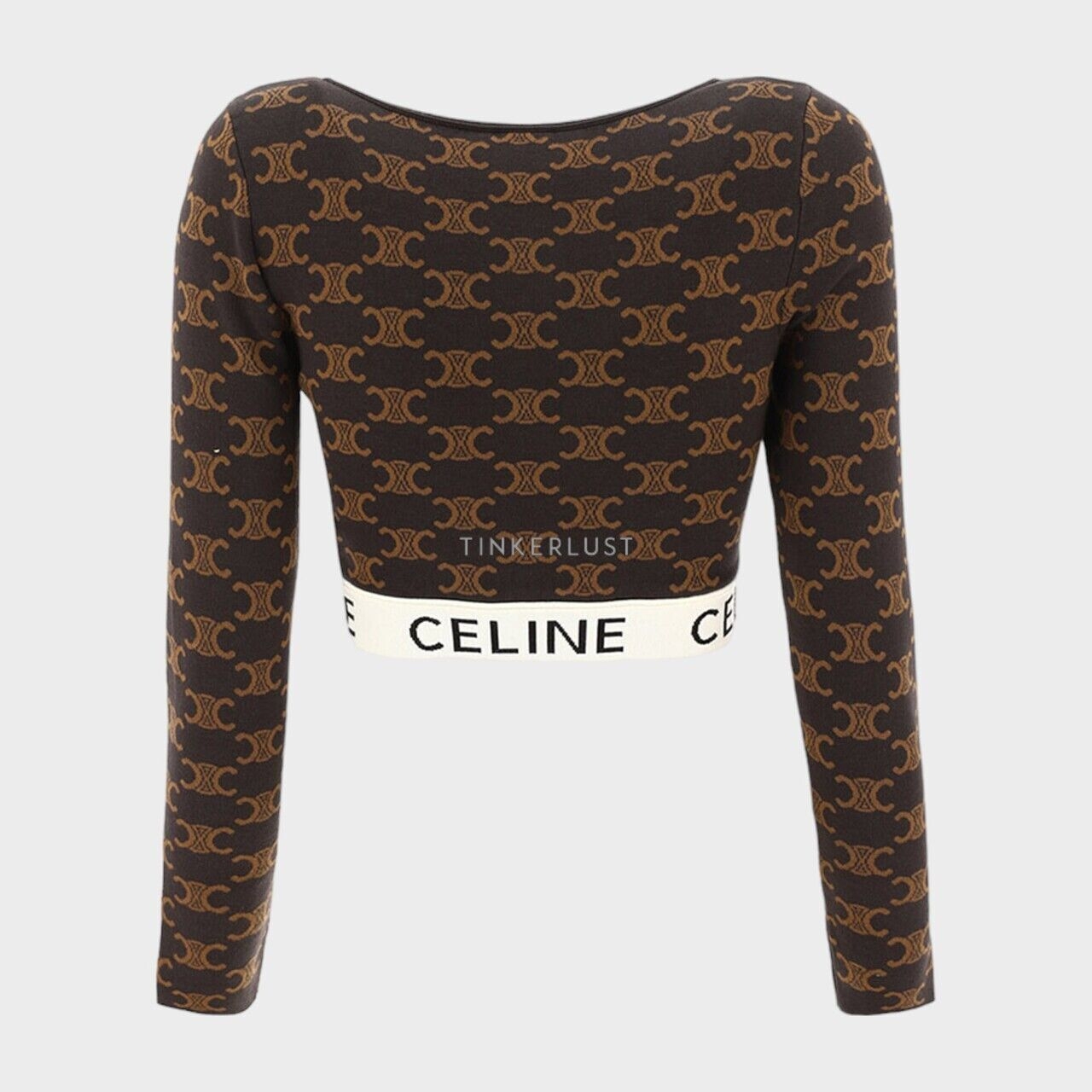 Celine Women Monogram Triomphe Long Sleeves Crop Top in Black/Tan Silk Cotton