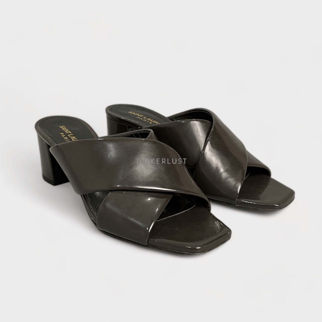 Saint Laurent Dark Brown Patent Leather Loulou Criss Cross Slide Heels
