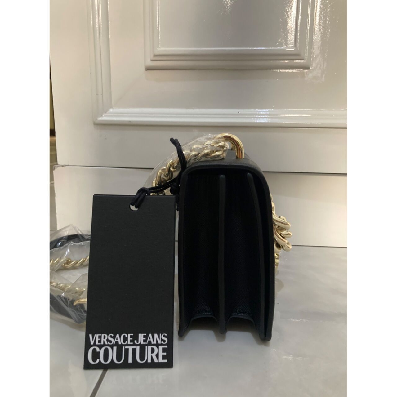 Versace Jeans Couture Logo Charm Black Chain Crossbody Bag