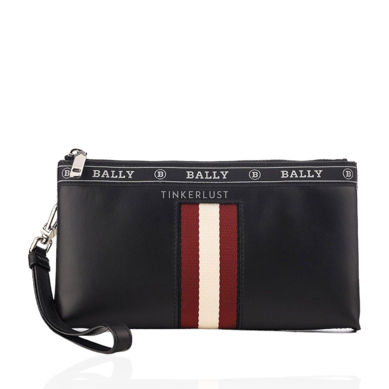 Bally Beryer Phone Wallet in Black Bovine Leather with Red/White Stripe Pouch