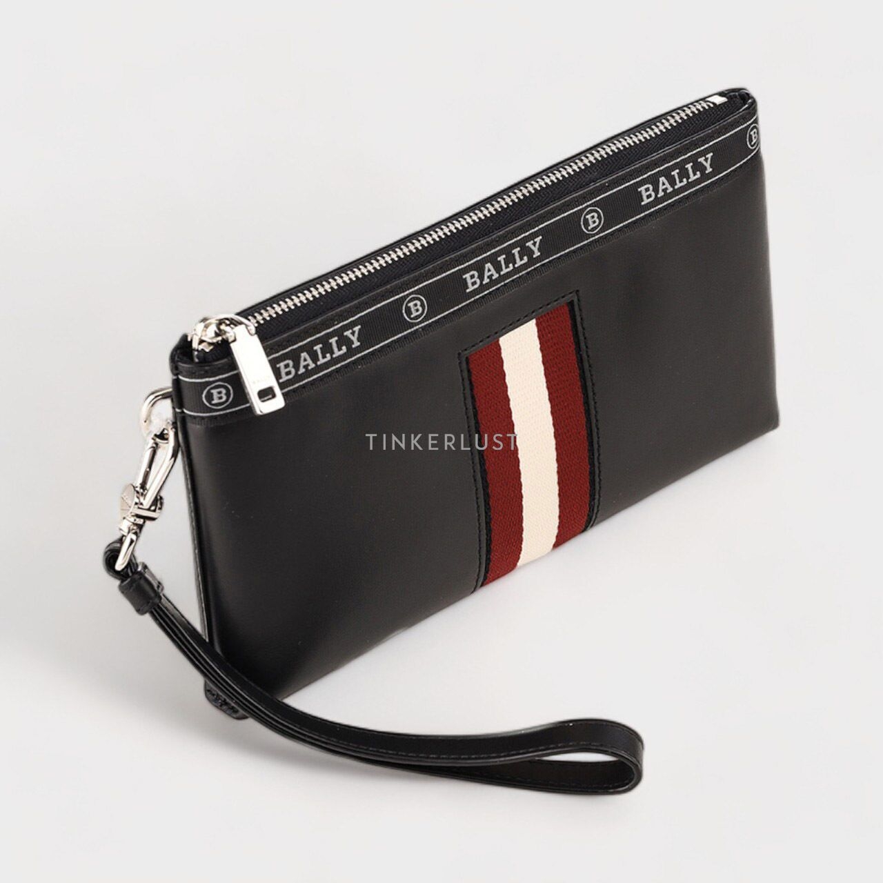 Bally Beryer Phone Wallet in Black Bovine Leather with Red/White Stripe Pouch