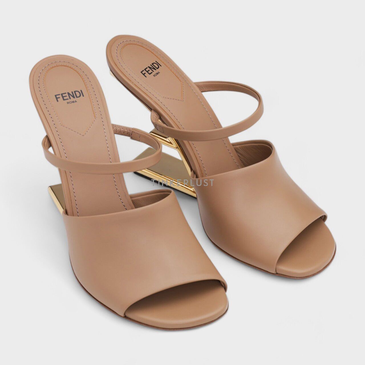 Fendi Women First Open Toe Sandals 105mm in Beige Leather with Diagonal F-Shaped Heels