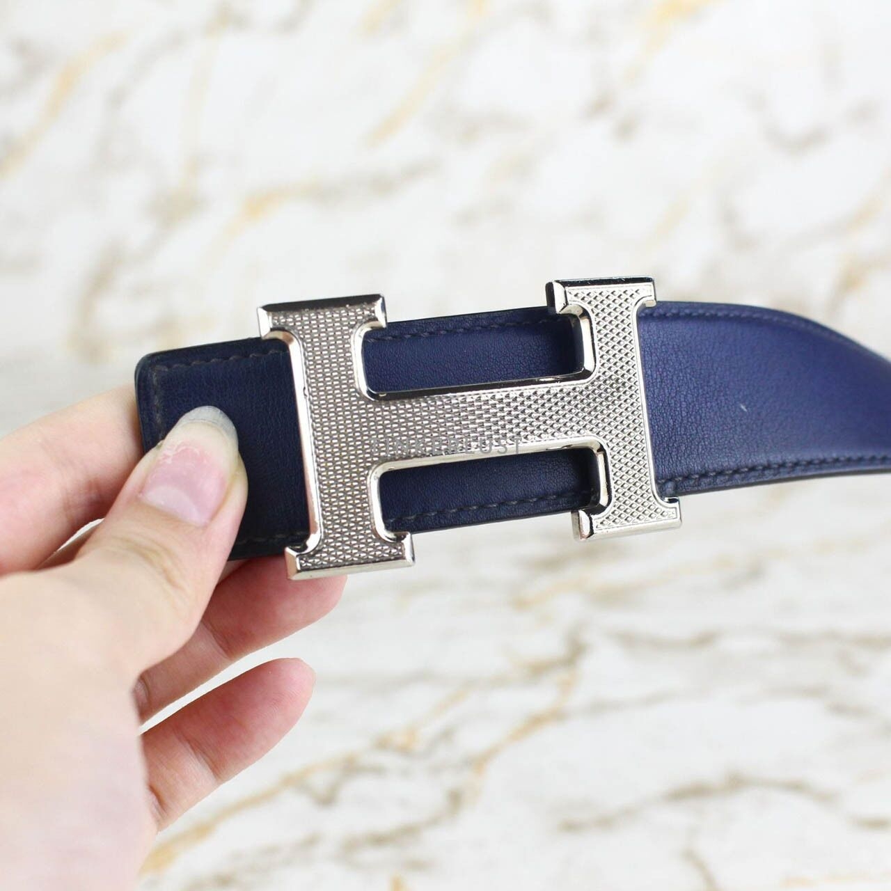 Hermes H Logo Leather Navy & Silver Belt 