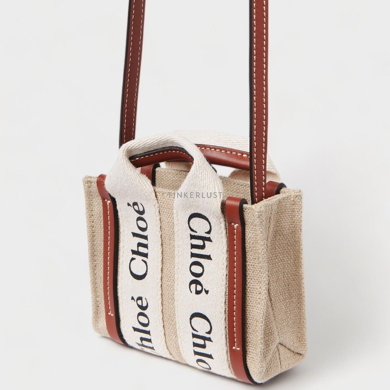 Chloe Nano Woody Tote Bag in White/Brown Linen x Shiny Calfskin Satchel