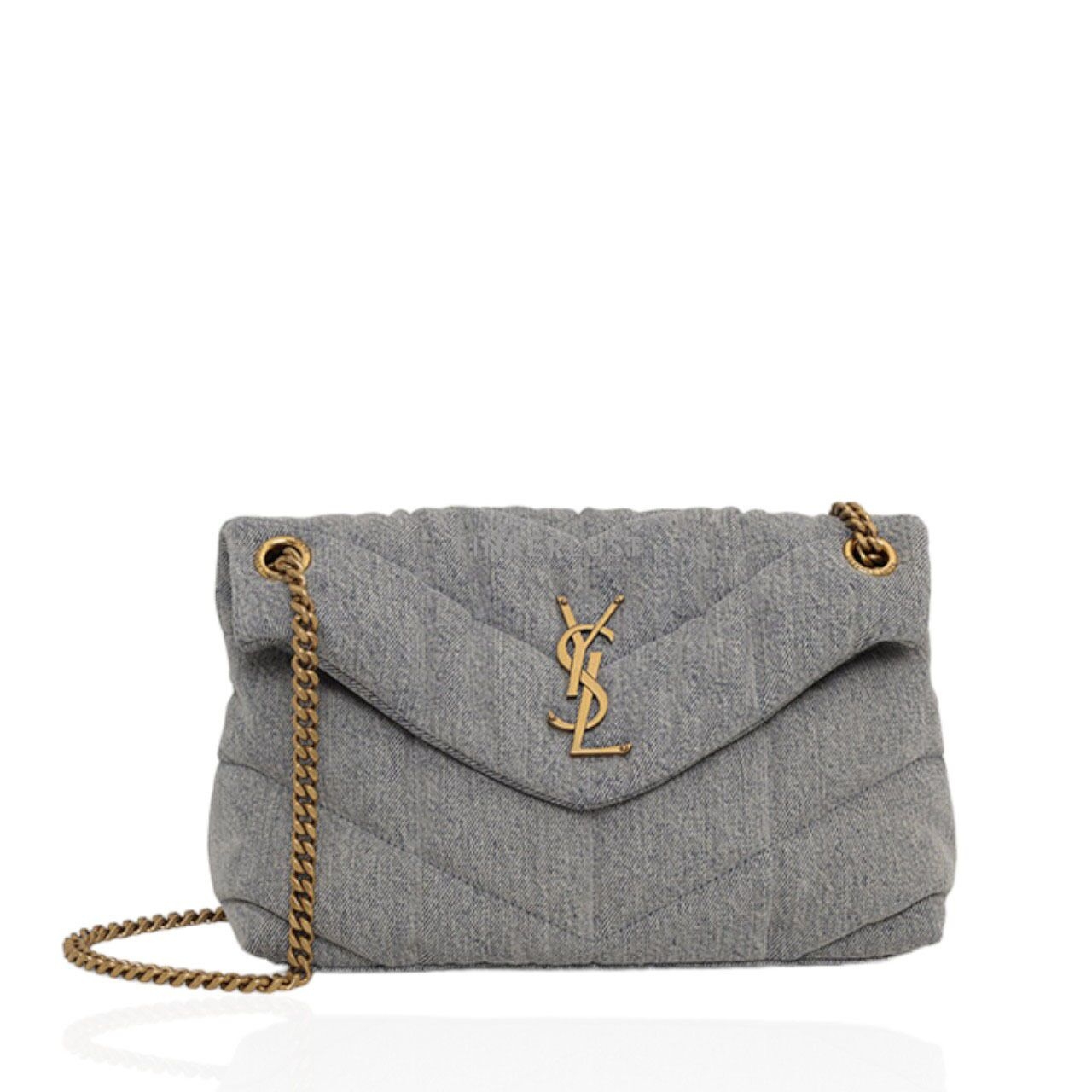 Saint Laurent Small Loulou Puffer in Blue Gray/Light Azure Denim x Smooth Leather Shoulder Bag