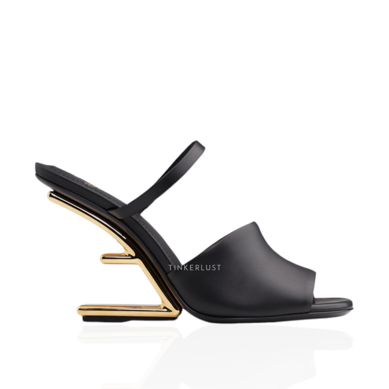 FENDI Women First Open Toe Sandals 105mm in Black Leather with Diagonal F-Shaped Heels
