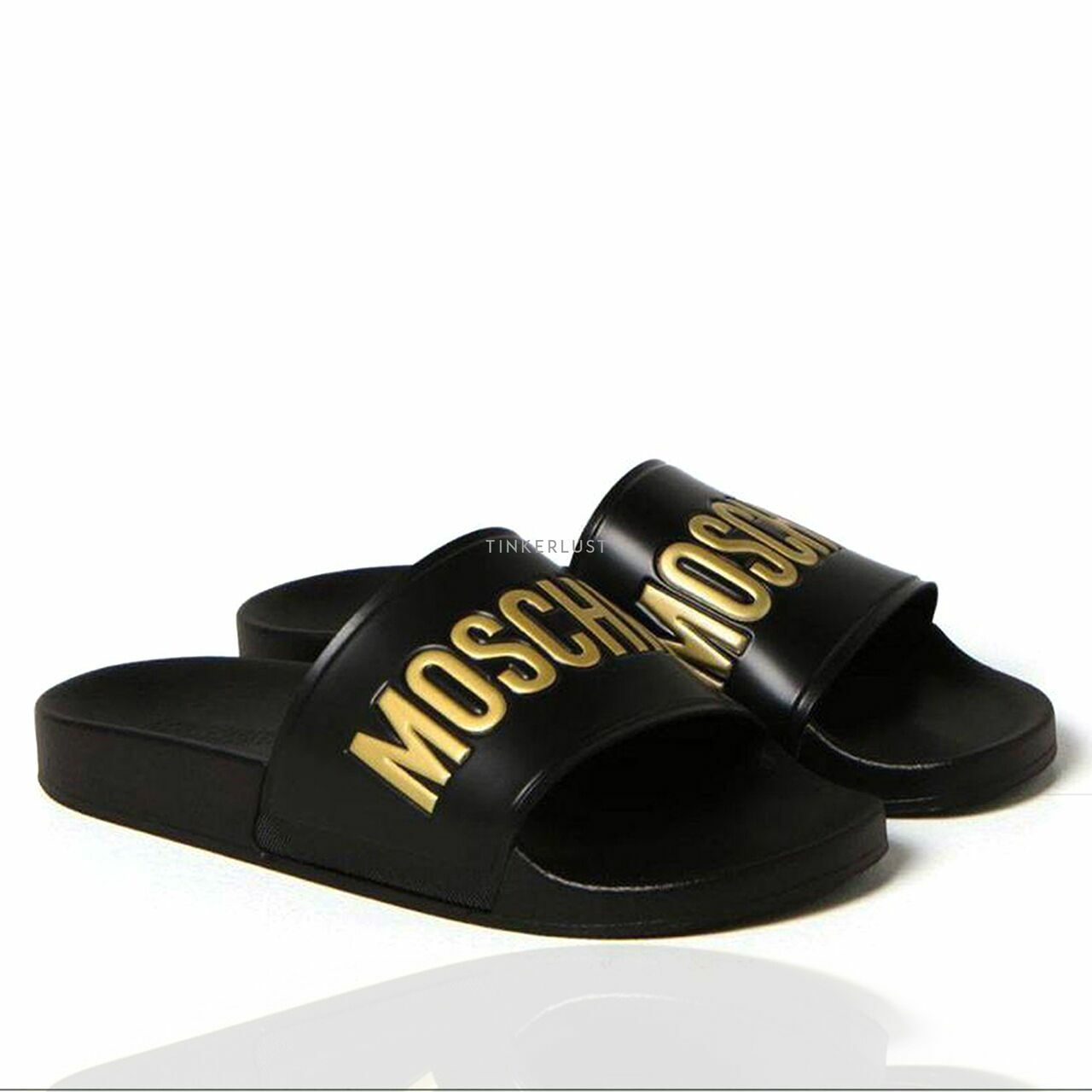 Moschino Sandal Slide Embossed Logo Gold in Black  
