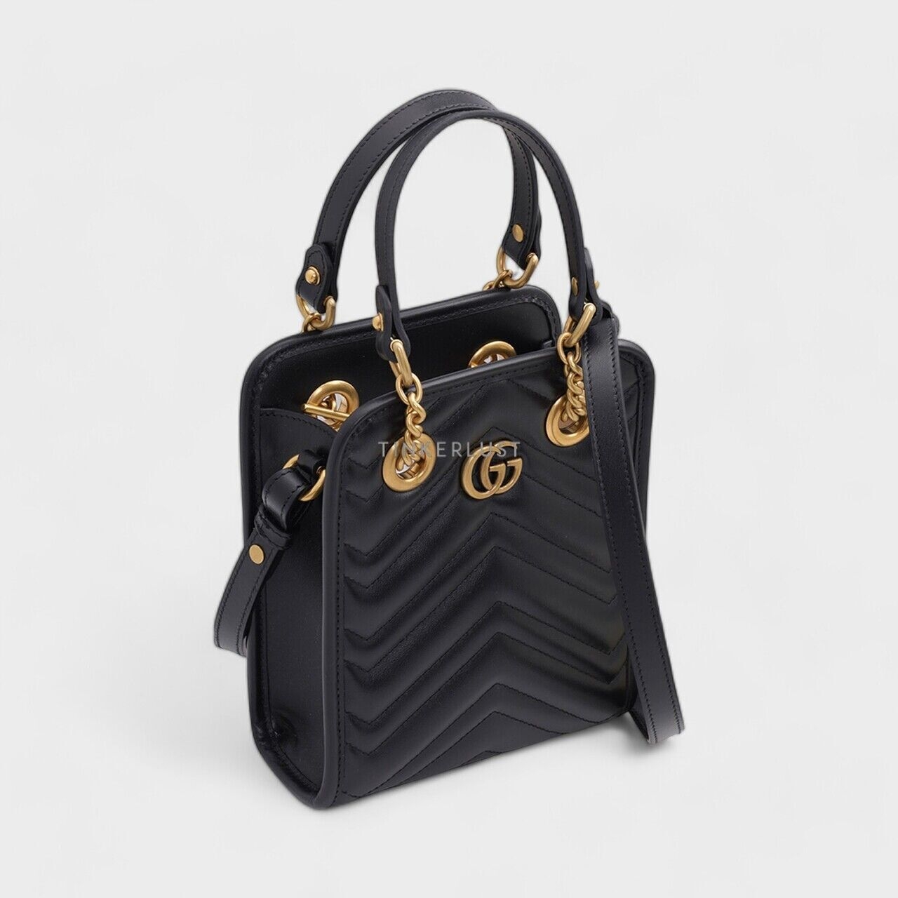 Gucci Mini GG Marmont in Black Chevron Leather Matelassé Sacthel Bag
