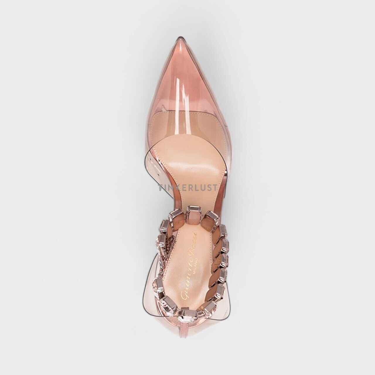 Gianvito Rossi Plexi Ankle Strap Pumps Peach with Crystals Heels