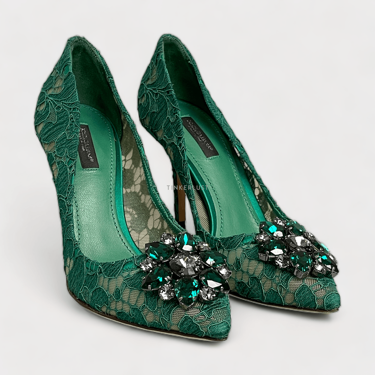 Dolce & Gabbana Embellished Bellucci Lace Green Pumps Heels