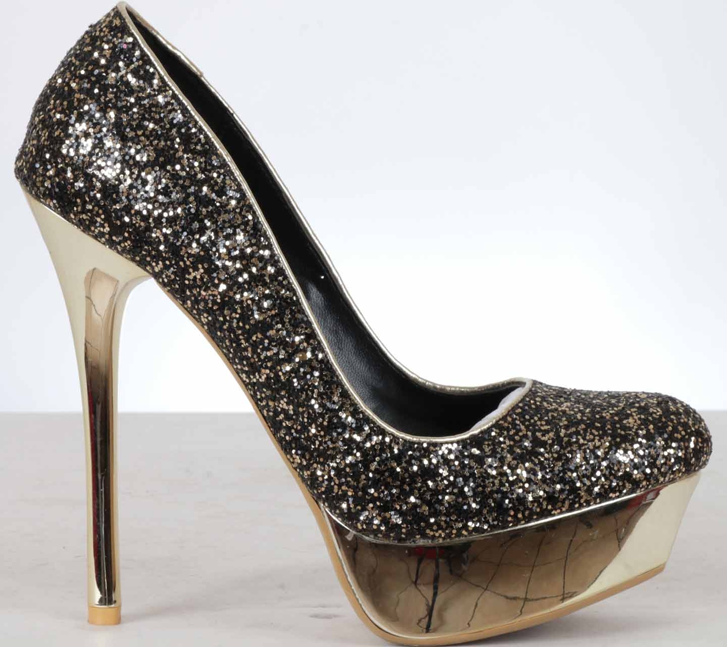 Amante Black And Gold Glittery Platform Heels