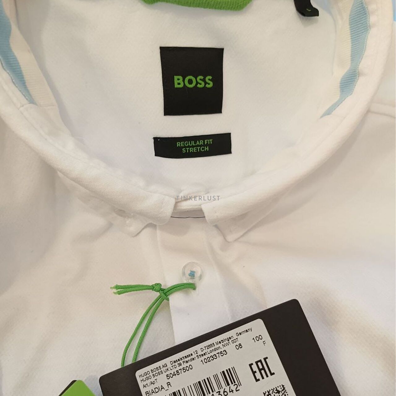 Hugo Boss Men Short Sleeve Reguler Stretch Fit London in White with Blue Logo Shirt 