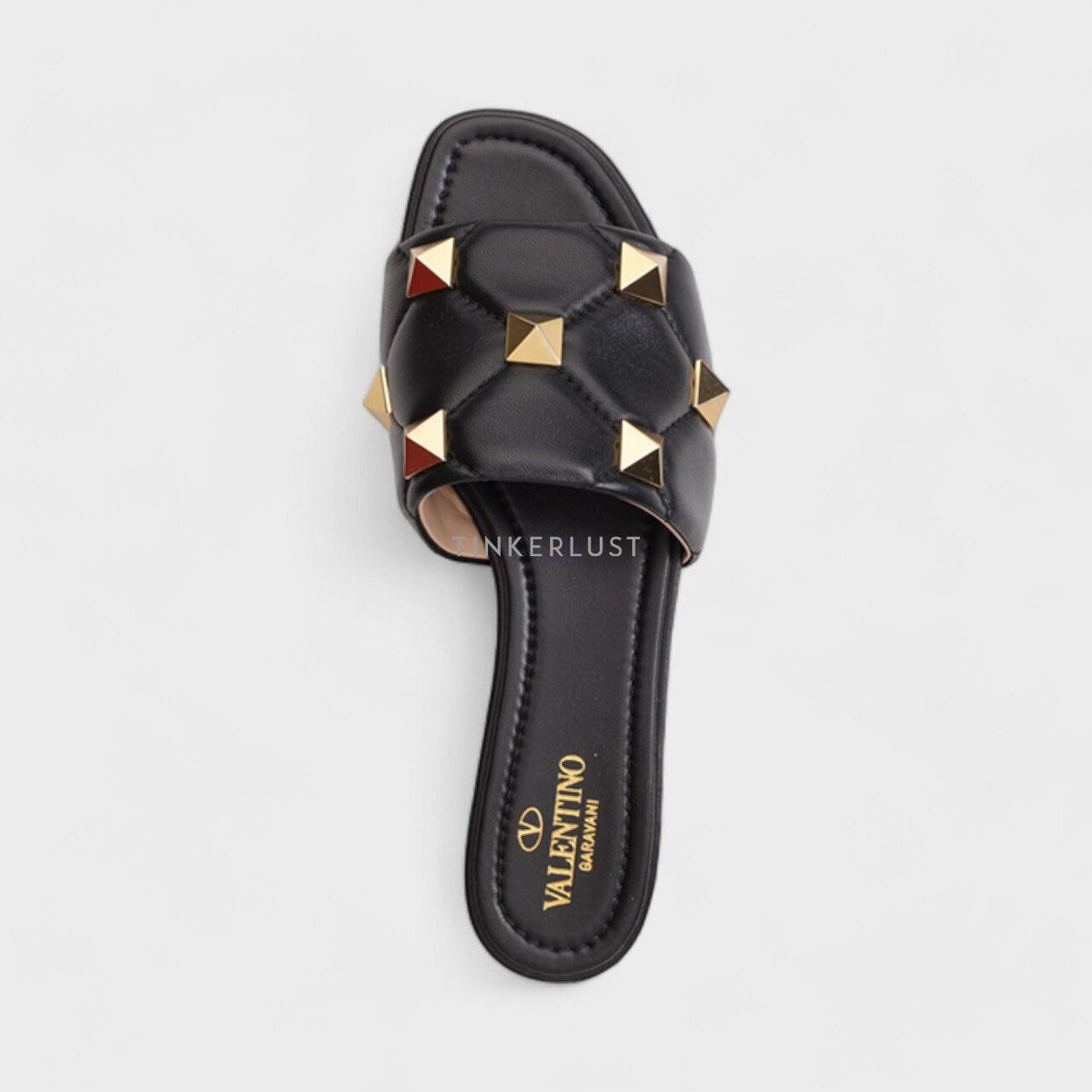 Valentino Garavani Women Roman Stud in Black Quilted Leather Slide Sandals