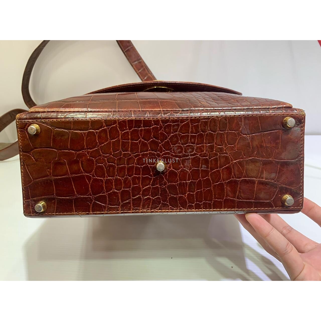 Gianni Versace Vintage Croco Embossed Brown Shoulder Bag 
