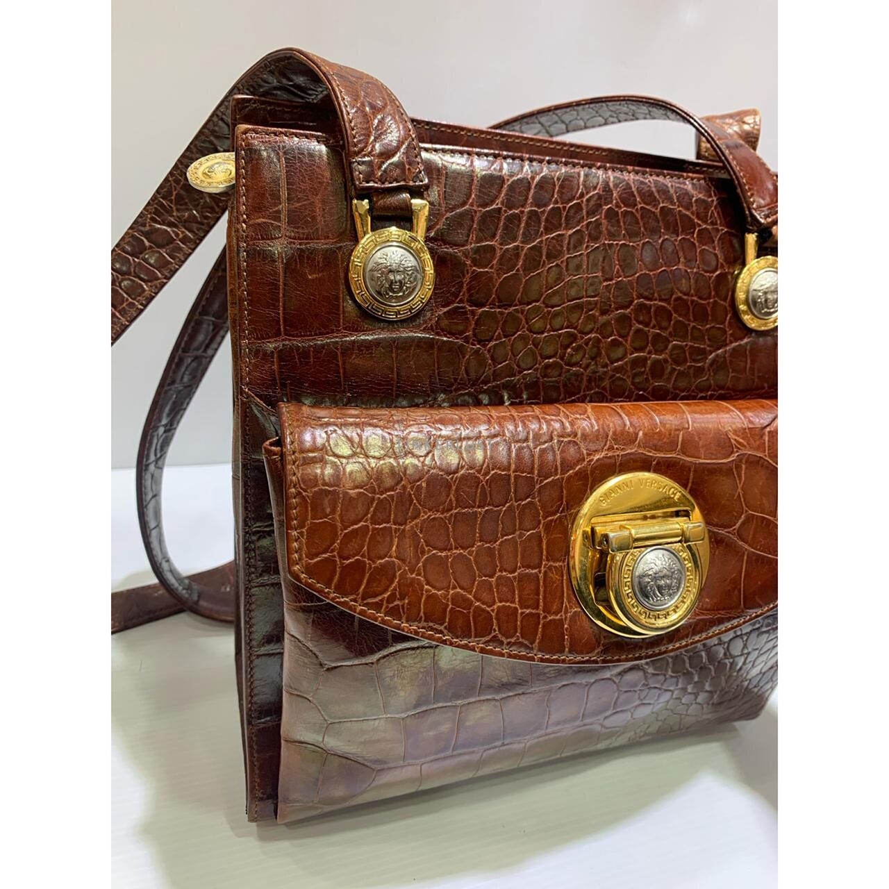 Gianni Versace Vintage Croco Embossed Brown Shoulder Bag 