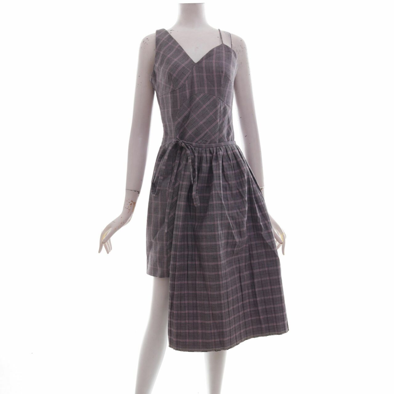 Patrick Owen Pink Checks Asymmetry Pleated Panelled Mini Dress