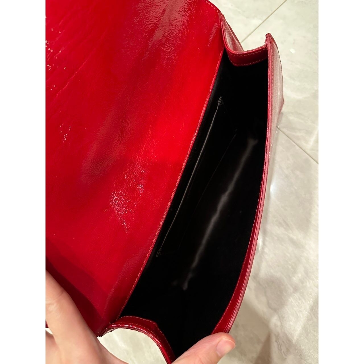 Yves Saint Laurent Monogram Belle De Jour Large Red Textured Patent Leather Clutch