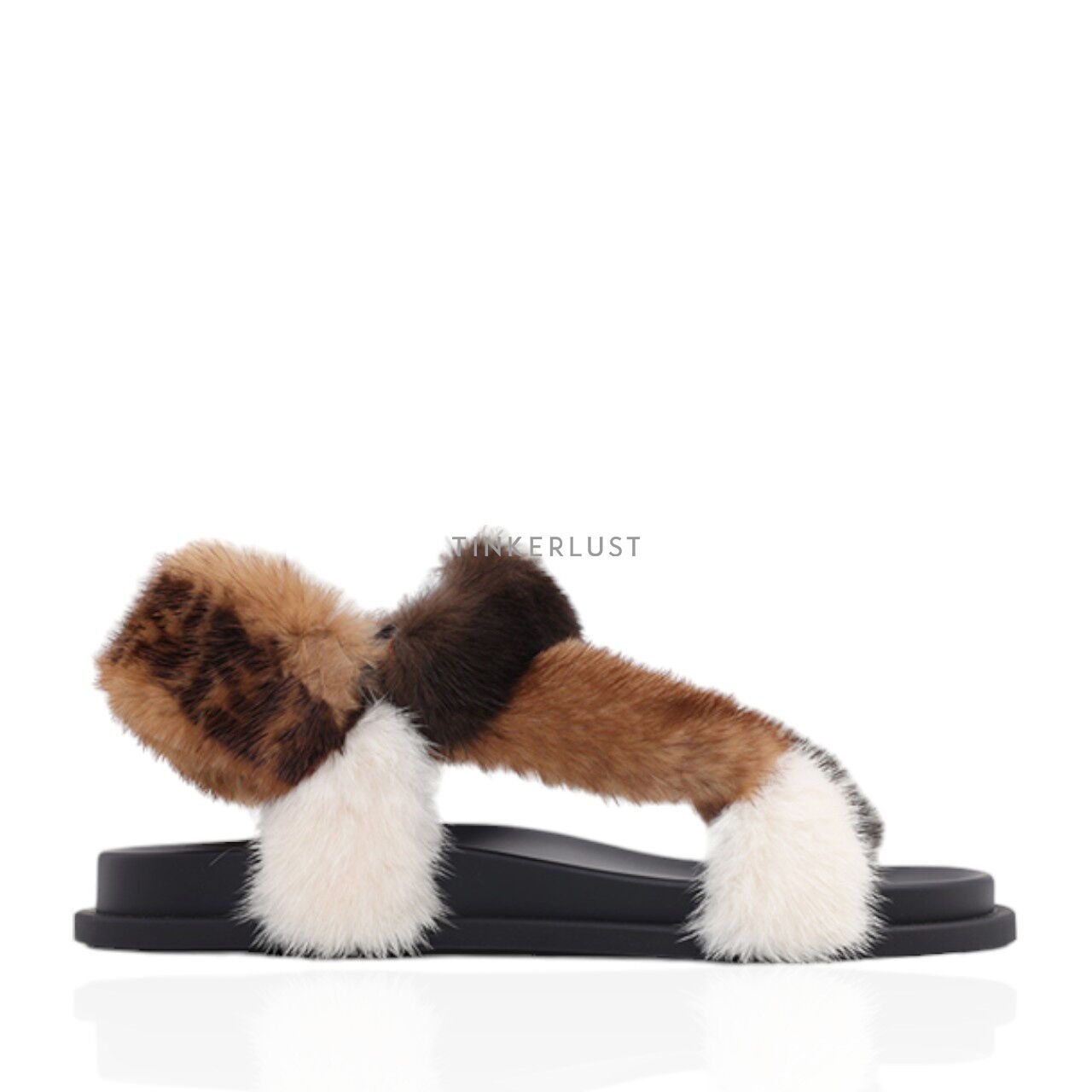 Fendi Women Feel in Brown/Beige/White Mink with FF Ankle Strap Flat Sandals