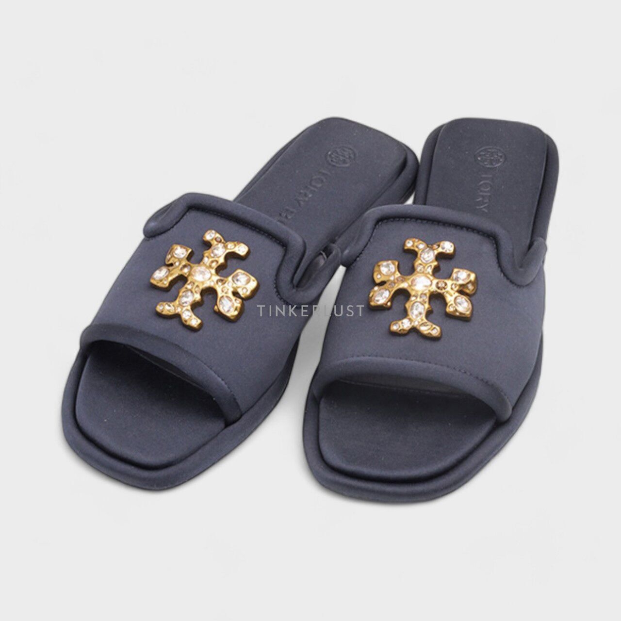 Tory Burch Jeweled in Perfect Navy Satin Slides Sandals