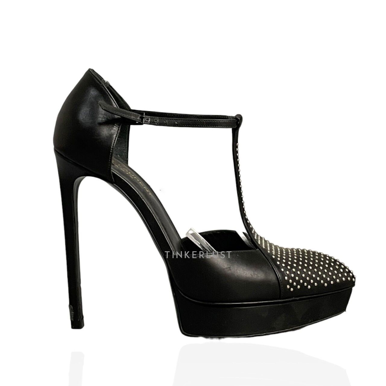 Yves Saint Laurent Janis Studded T Strap Platform Black Leather Heels