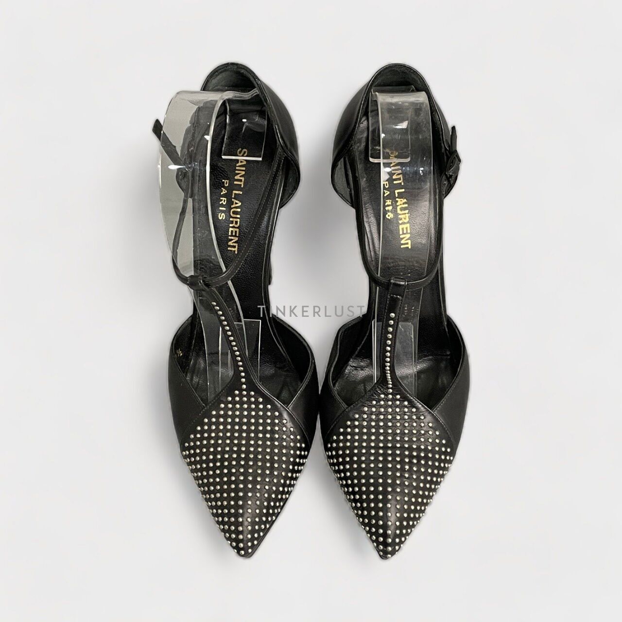 Yves Saint Laurent Janis Studded T Strap Platform Black Leather Heels