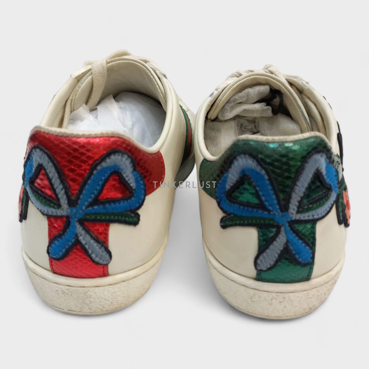 Gucci Ace Web Floral Embroidered White Leather Sneakers 