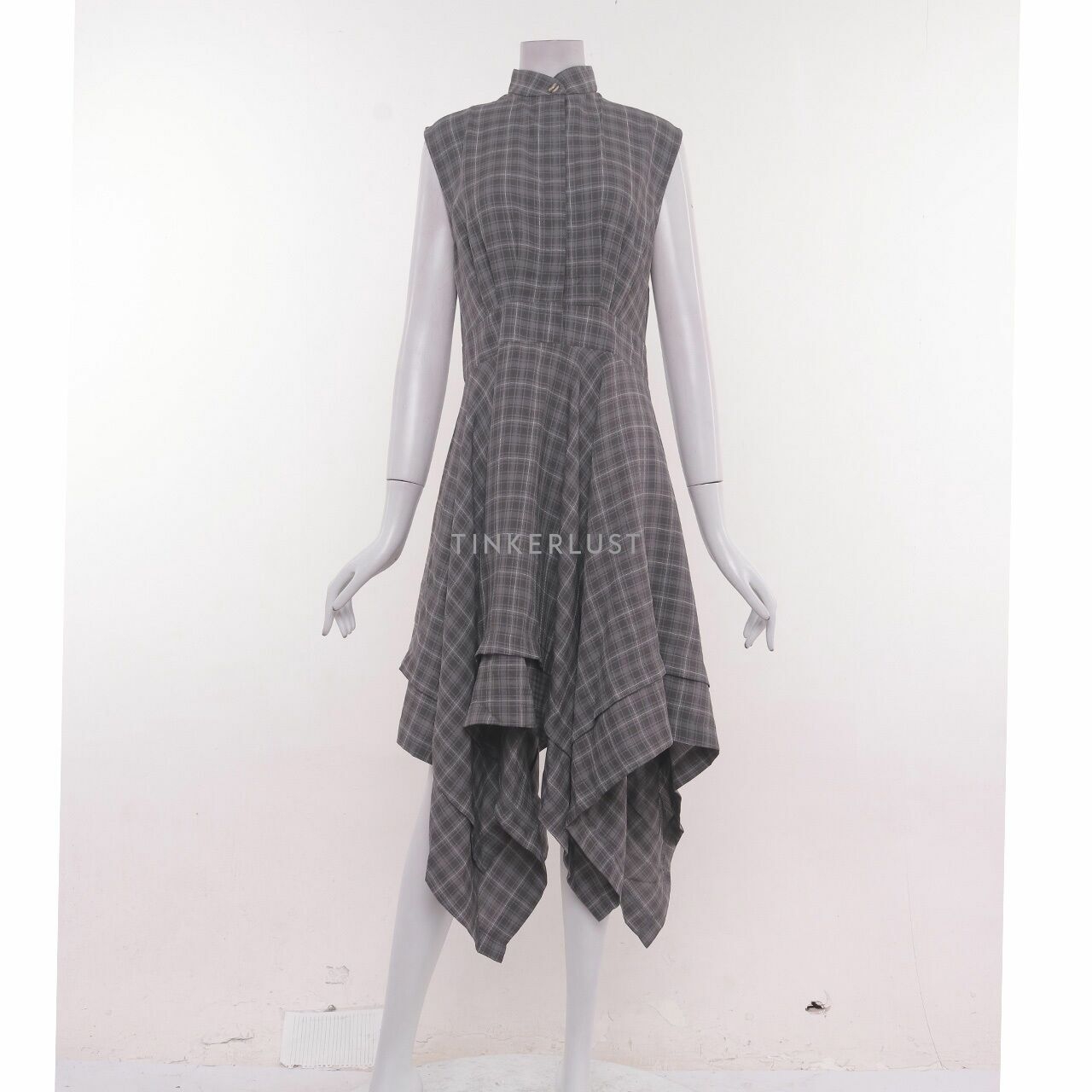 Front Row Grey Plaid Asymmetric Midi Dress
