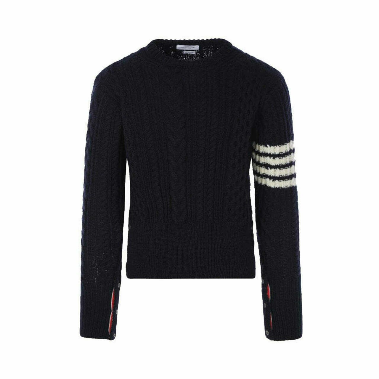 Thom Browne 4-Bar Stripe Donegal Cable Knit Jumper Navy