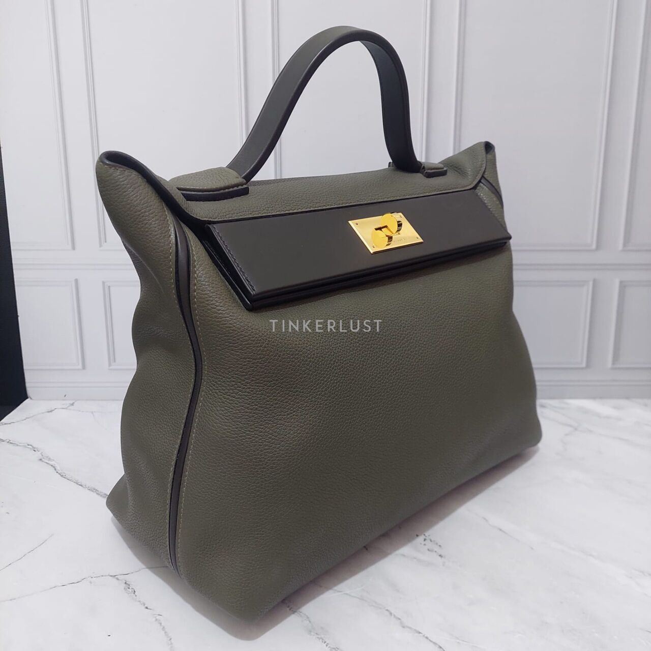 Hermes 24/24 35 Vert Olive/Sombrero GHW # D Handbag