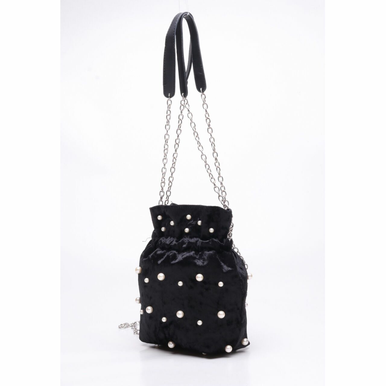 Zalia Bucket Velvet Pearl Black Satchel Bag