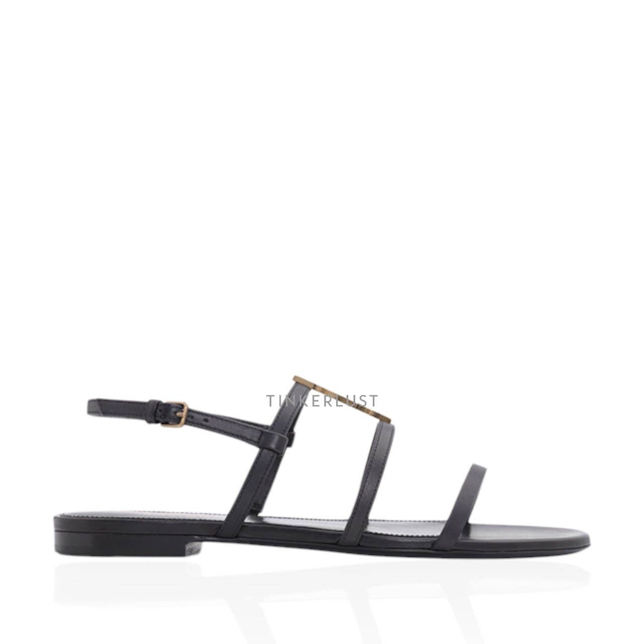 Saint Laurent Cassandra Ankle-Strap Black Smooth Leather Flat Sandals
