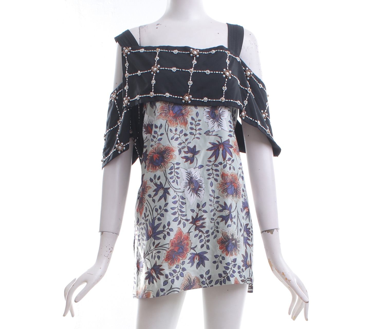 Toton Mint & Black Floral With Beaded Sleeveless