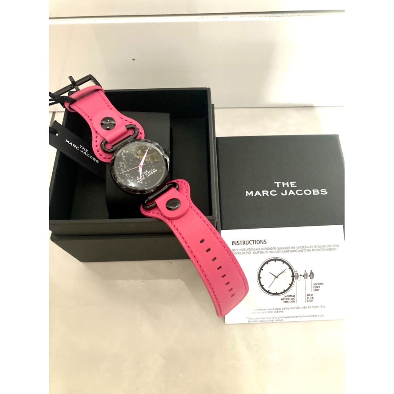 Marc Jacobs Mj0120179296 The Cuff Watch Ladies Black Dial Pink Leather Strap 