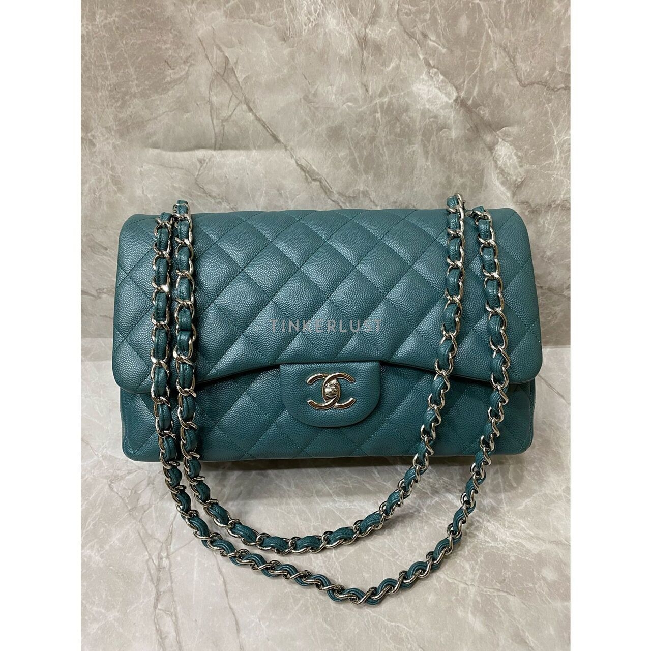 Chanel Classic Jumbo Double Flap Blue Turquoise Caviar #24 SHW Shoulder Bag