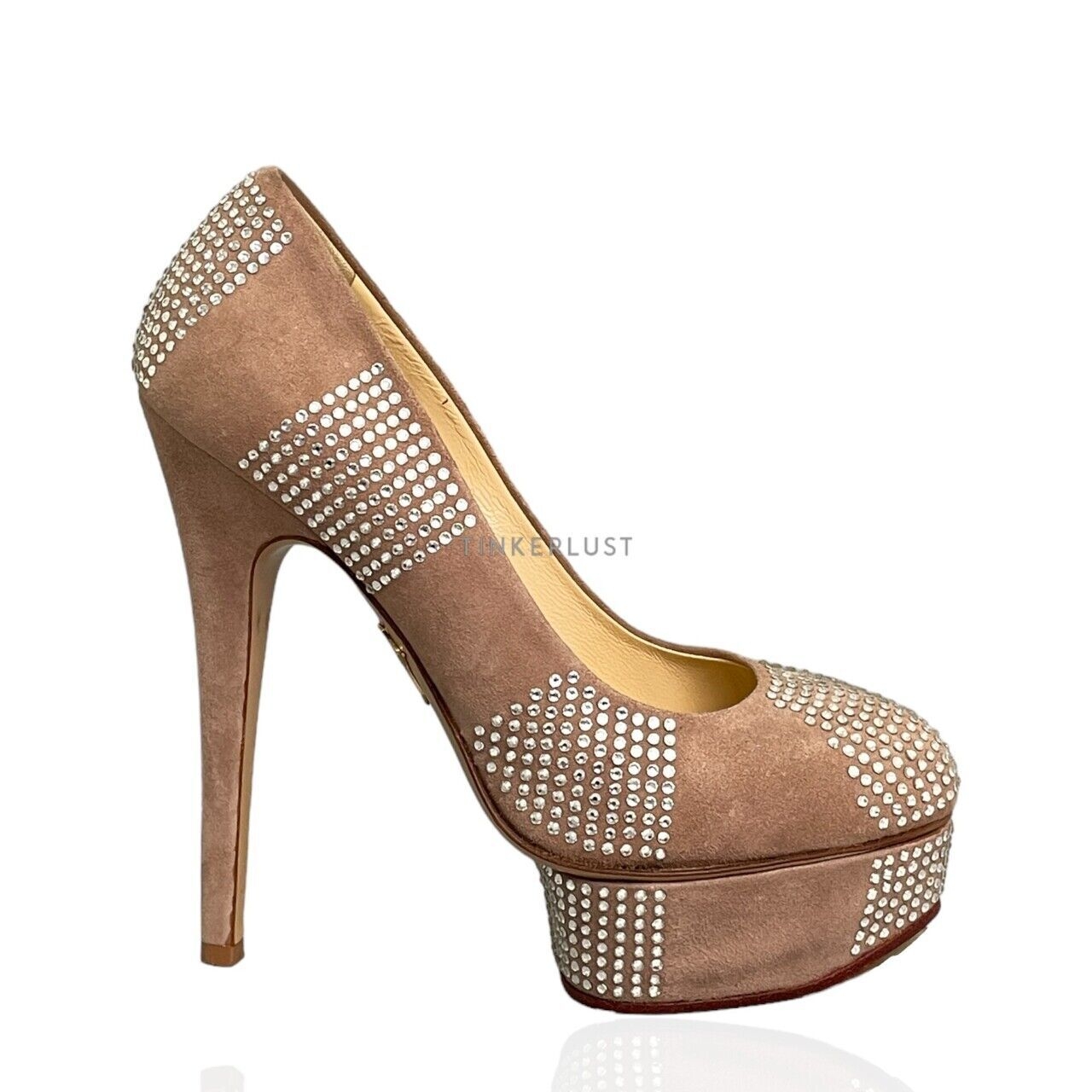 Charlotte Olympia Paparazzi Nude Suede Crystal Pumps