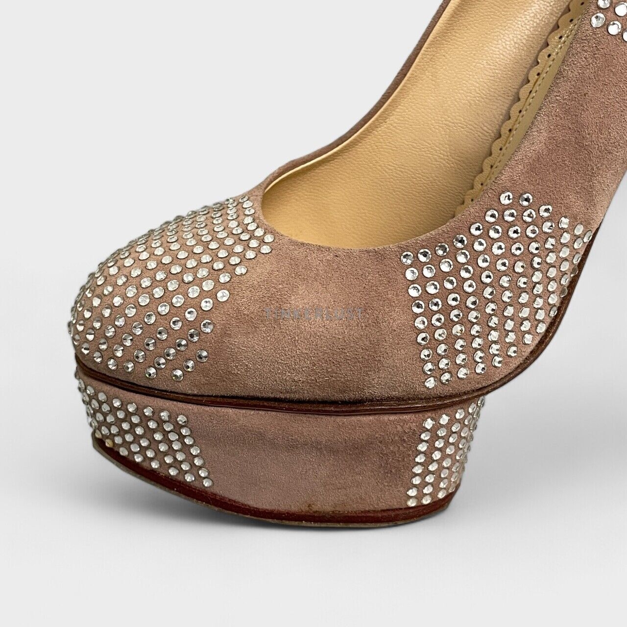 Charlotte Olympia Paparazzi Nude Suede Crystal Pumps
