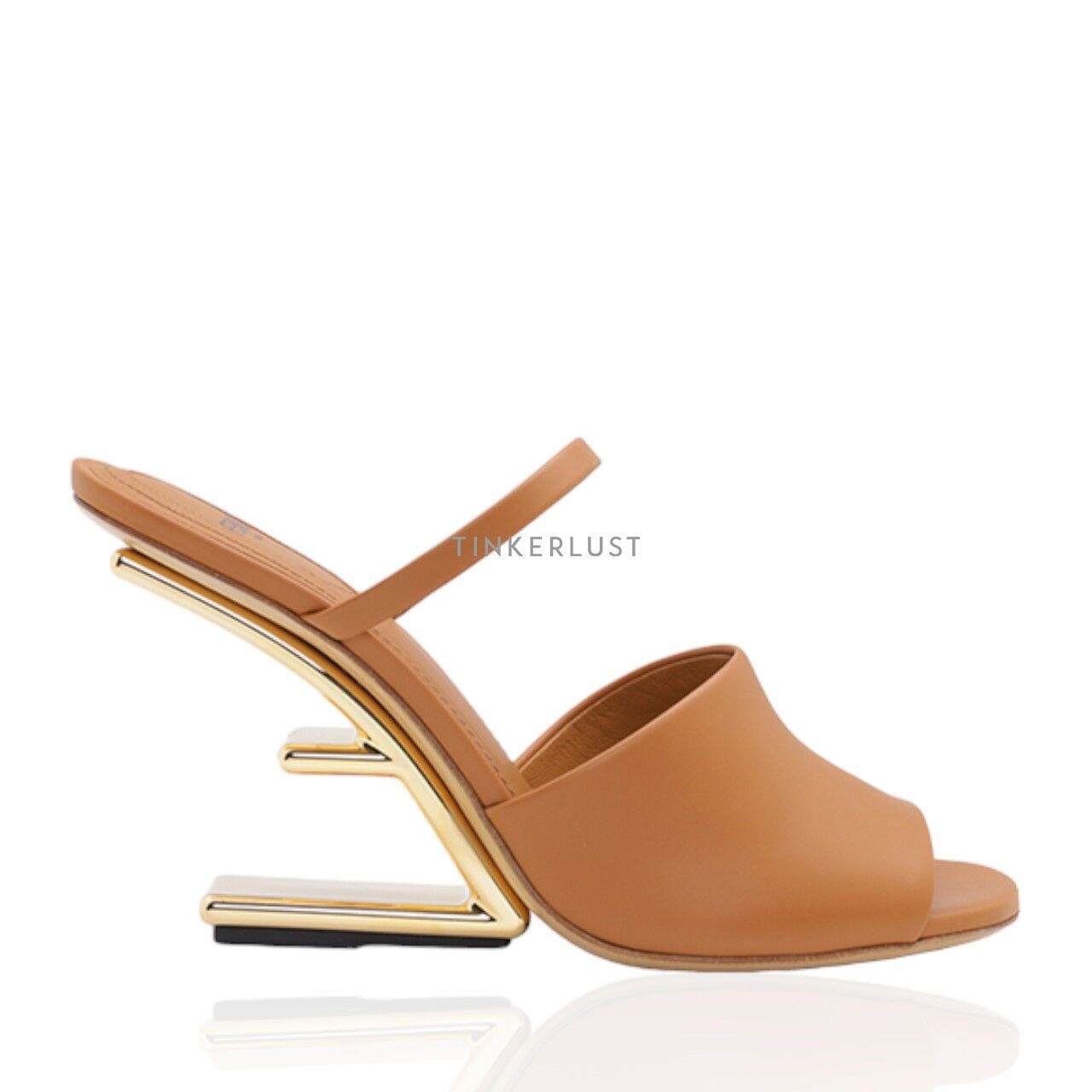 Fendi Women First Open Toe Sandals 105mm in Caramel Leather with Diagonal F-Shaped Heels