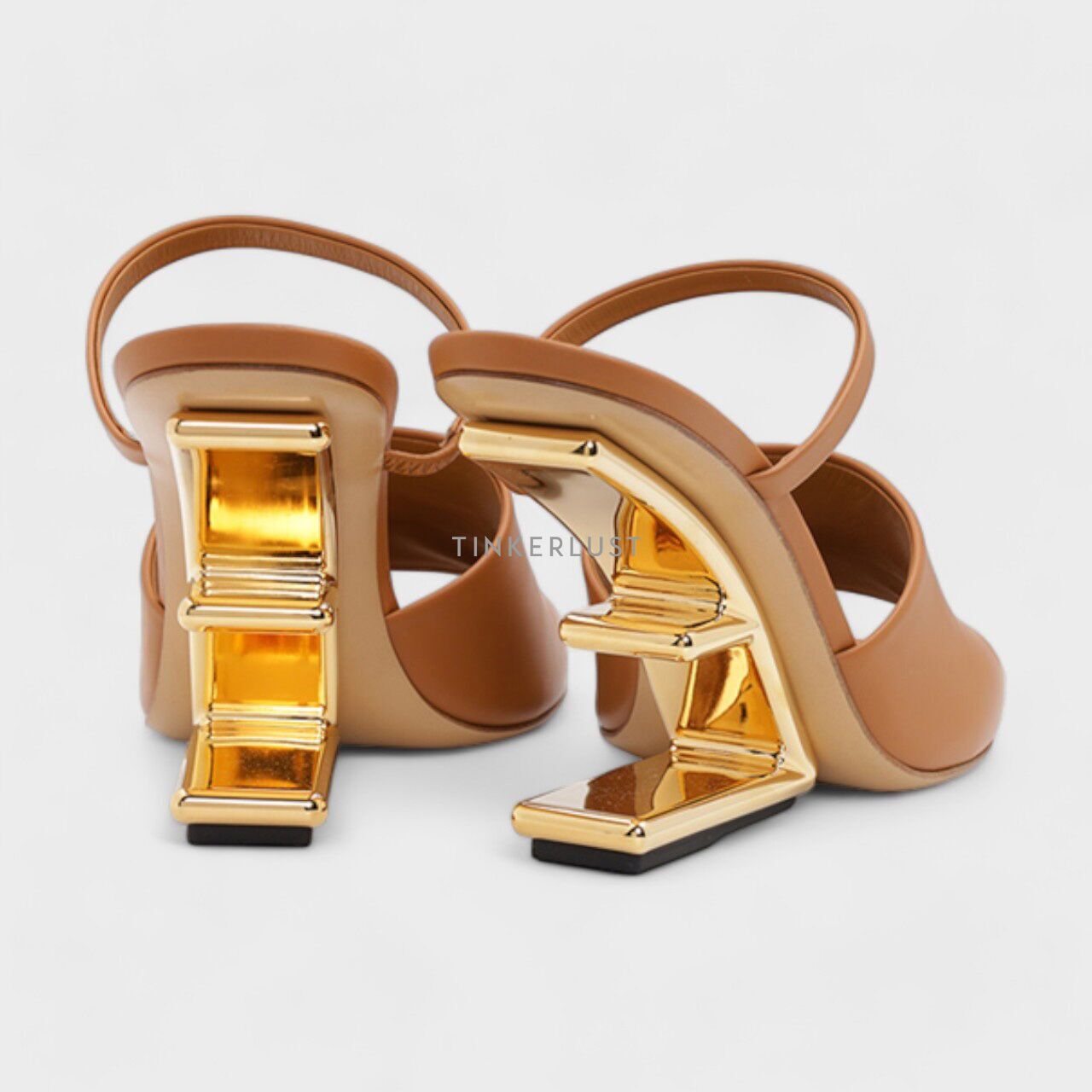 Fendi Women First Open Toe Sandals 105mm in Caramel Leather with Diagonal F-Shaped Heels