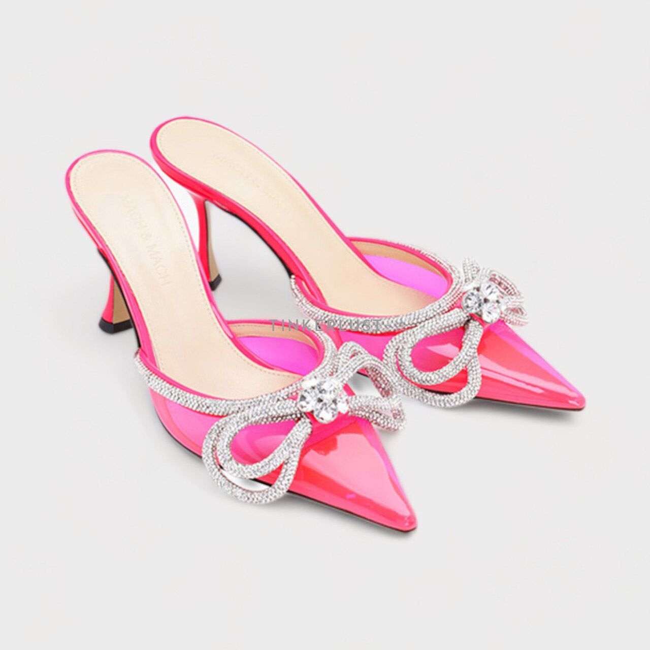 MACH & MACH Women Crystal Double Bow Pointed Toe PVC Mules 85mm in Pink