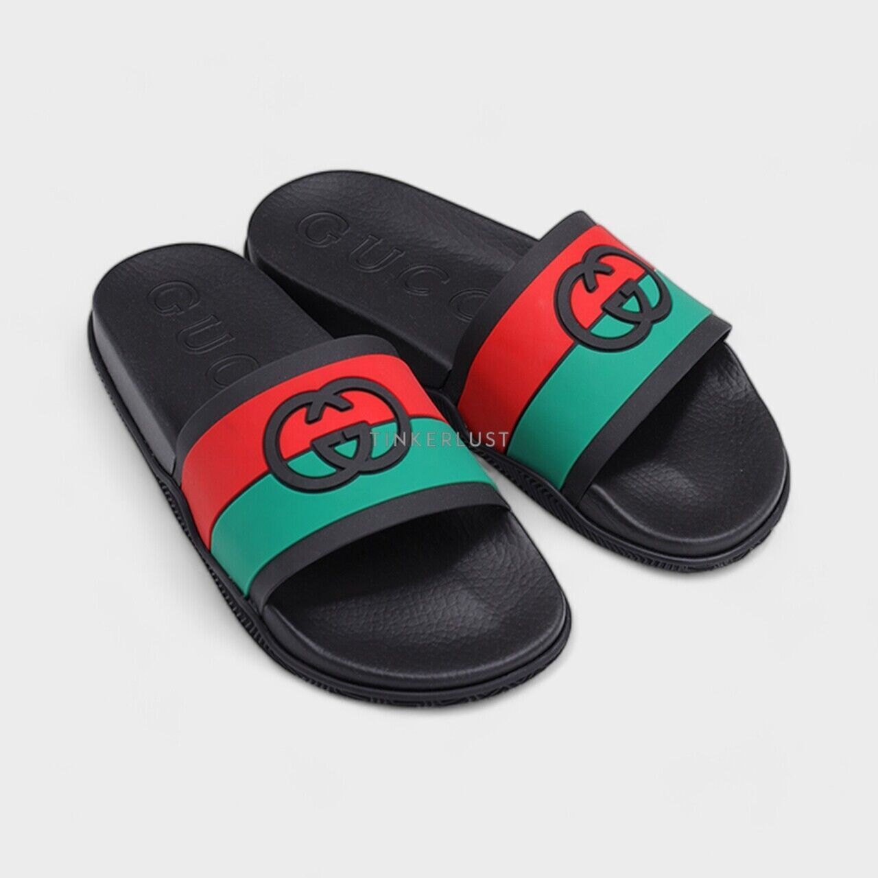 Gucci Men Interlocking G Slides in Black with Red/Green Striped Sandals