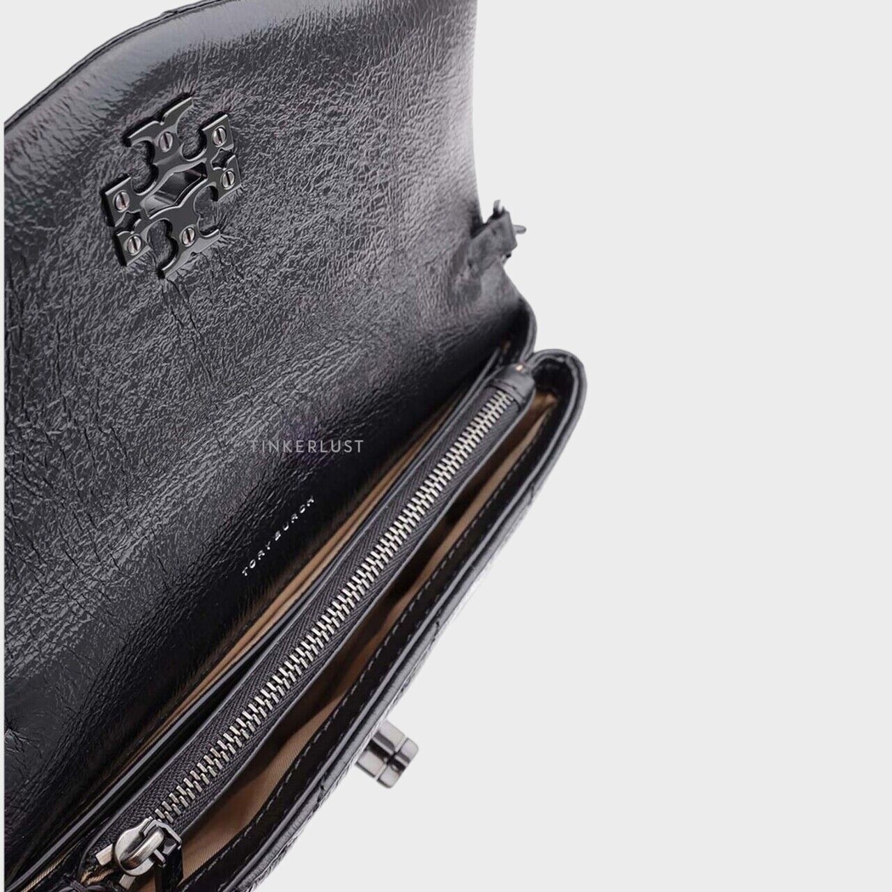 Tory Burch Kira Chevron Metallic Pave Logo Wallet on Chain in Black BHW Sling Bag