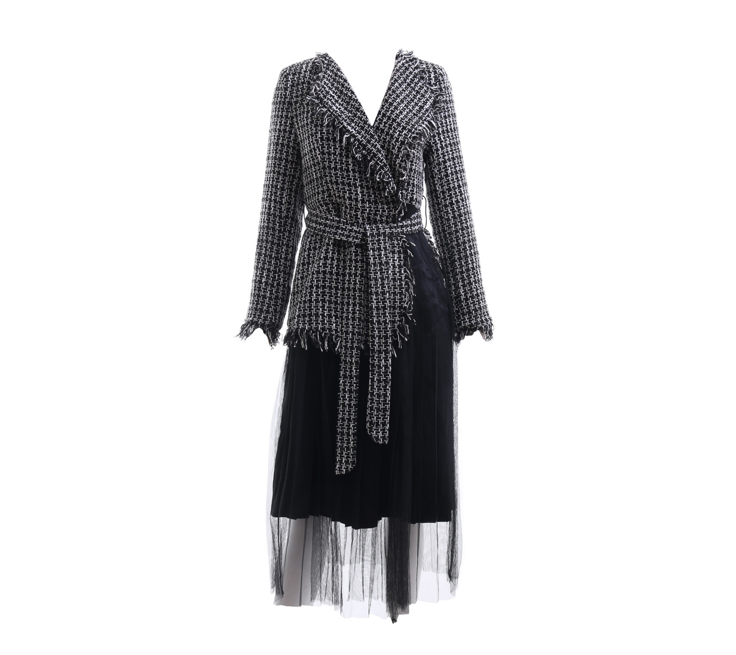 Luxe Black & White Tweed With Strap Midi Dress