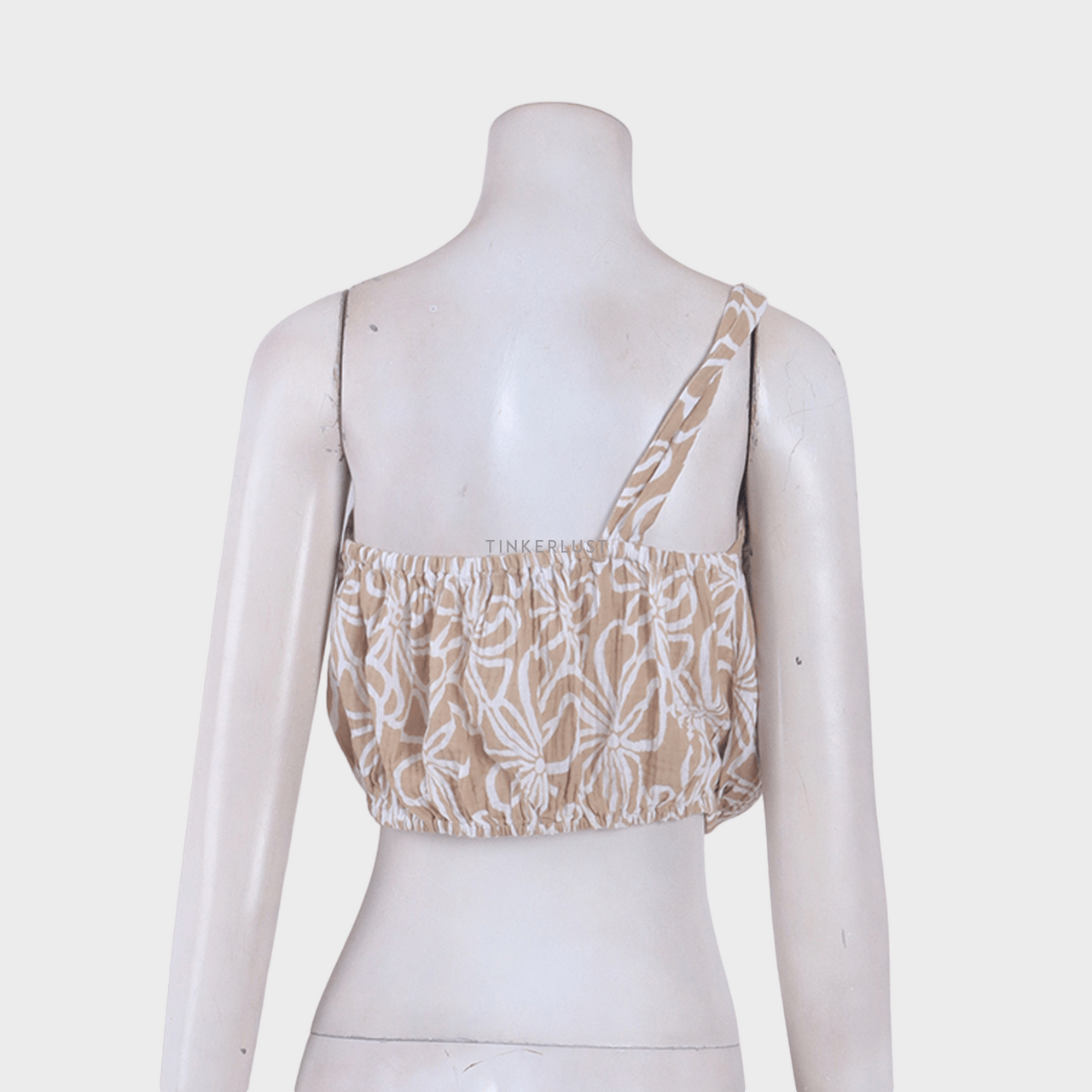 Earth Circus White & Light Brown Floral One Shoulder Cropped Sleeveless