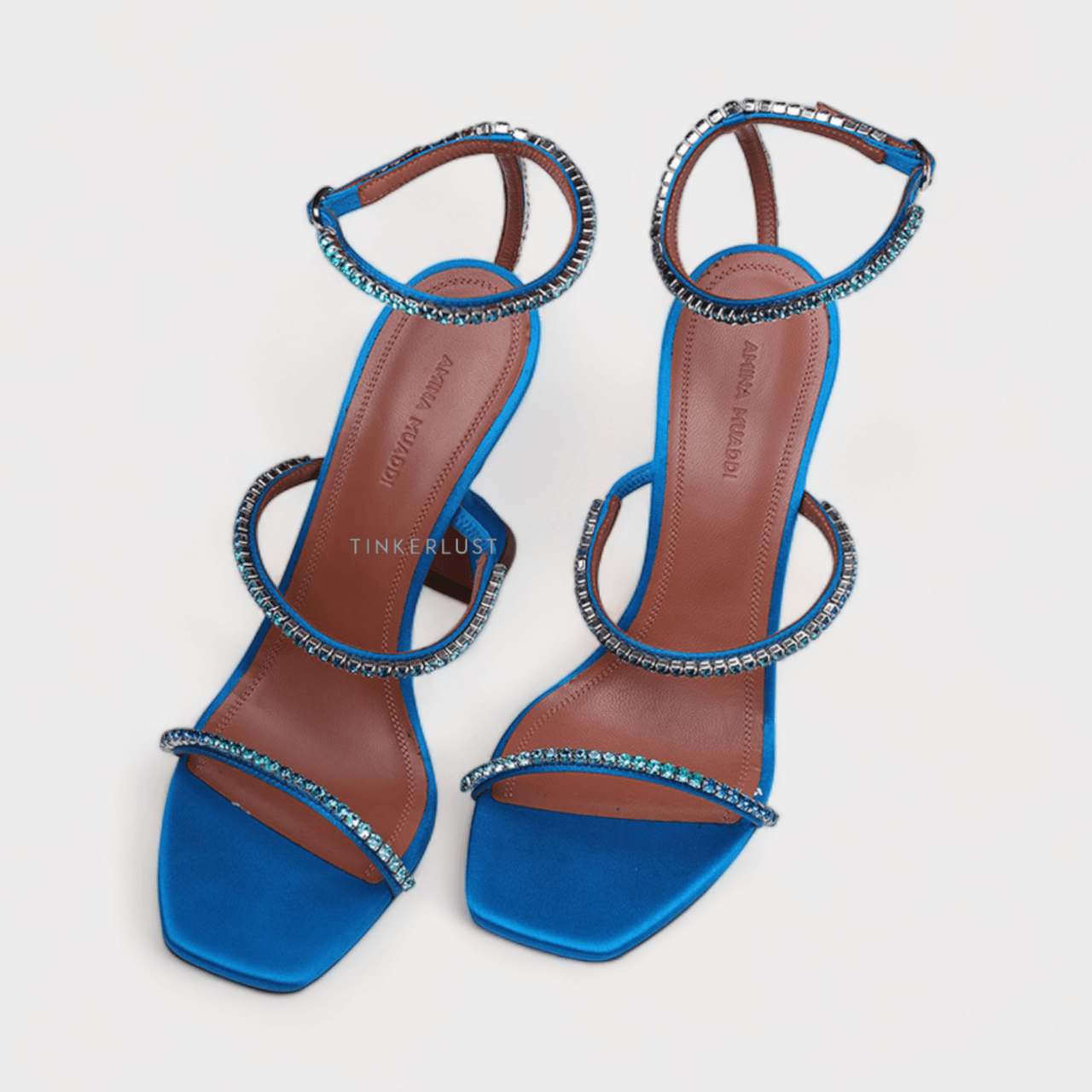 AMINA MUADDI Women Gilda Silk Sandals 95mm in Blue Satin with CrystalsAMINA MUADDI Women Gilda Silk Sandals 95mm in Blue Satin with Crystals
