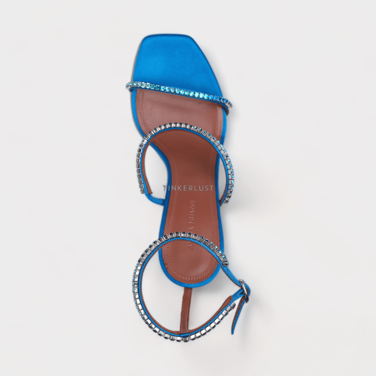 AMINA MUADDI Women Gilda Silk Sandals 95mm in Blue Satin with CrystalsAMINA MUADDI Women Gilda Silk Sandals 95mm in Blue Satin with Crystals