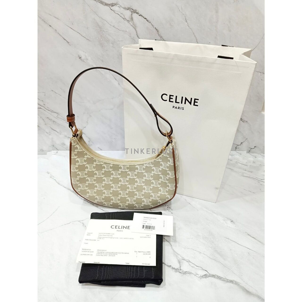 Celine Ava Triomphe Canvas & Calfskin White Shoulder Bag