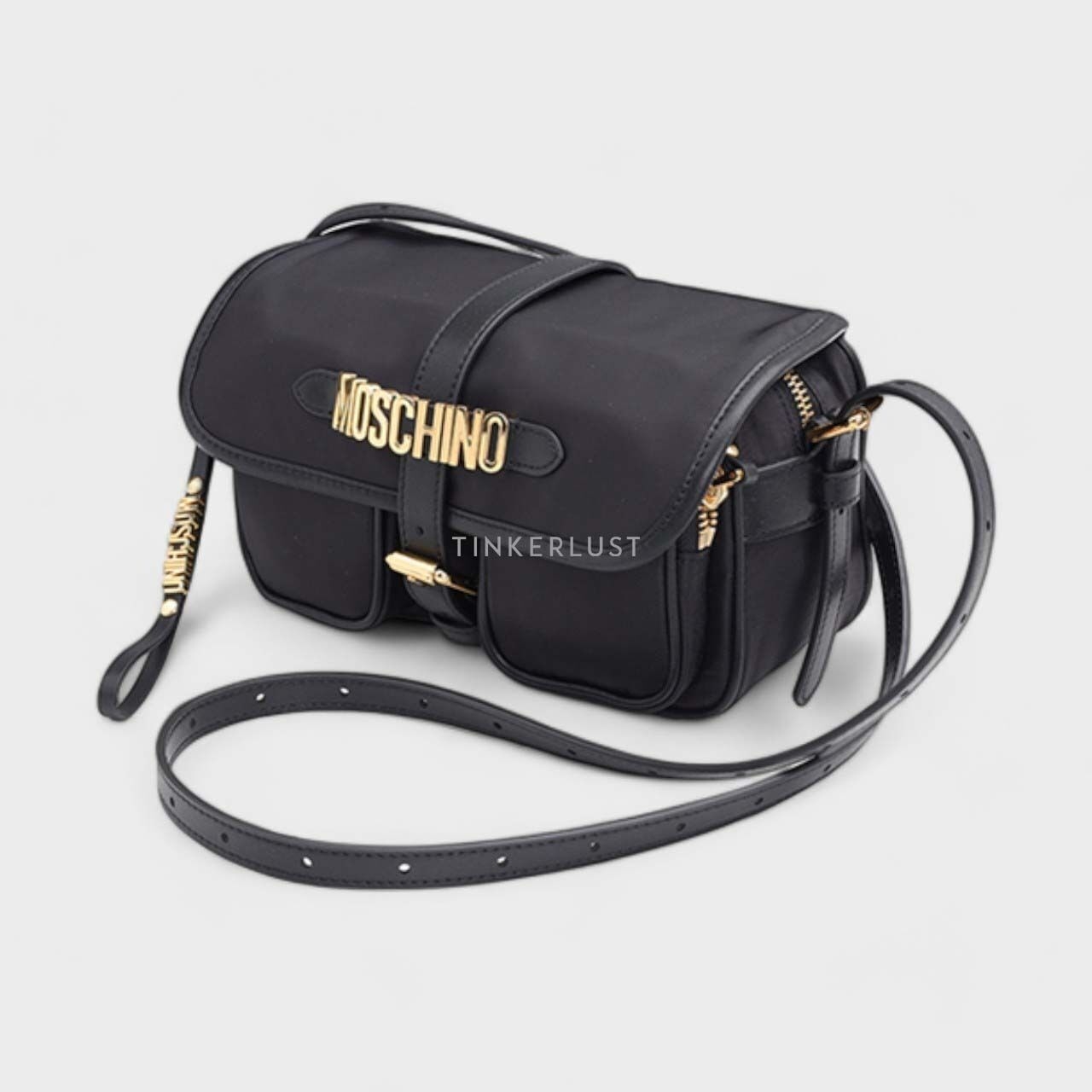 Moschino Buckled Logo-Lettering in Black GHW with Two Zip Pocket Shoulder Bag 
