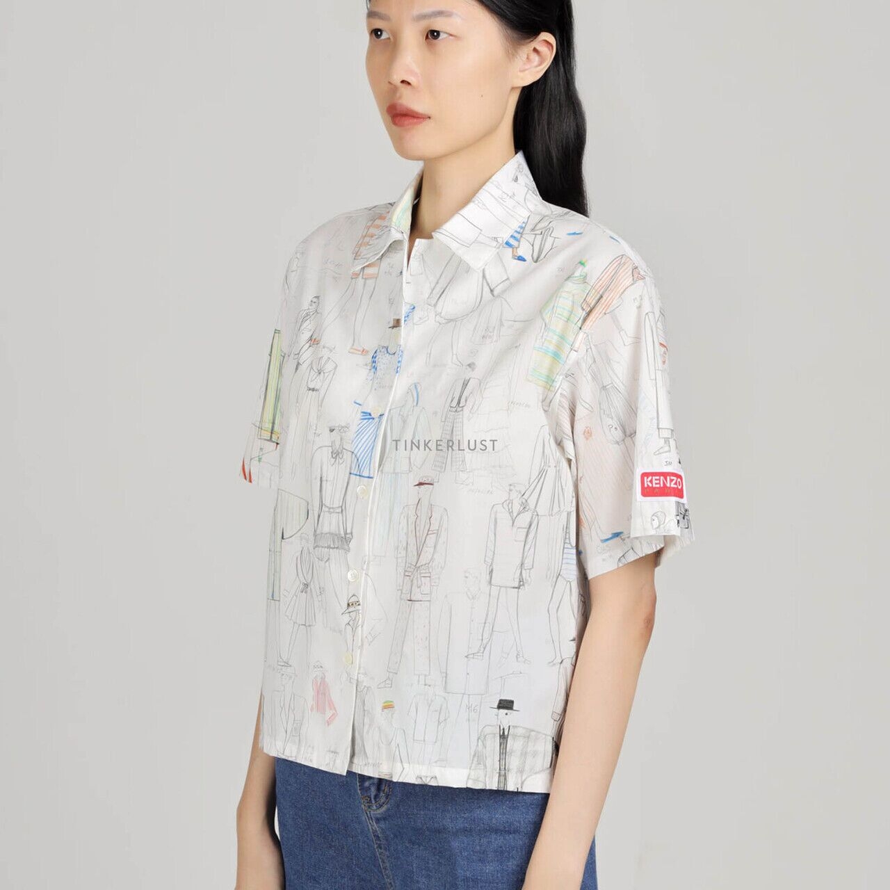 Kenzo Women 'KENZO Sketch' Poplin Boxy Shirt in White Multicolor